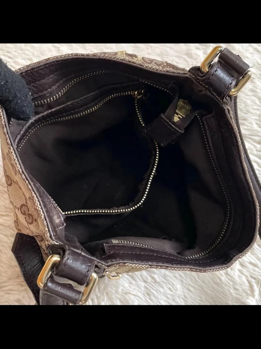 Gucci Brown GG Canvas Crossbody Bag with Red-Green Web and Gold Tone Hardware